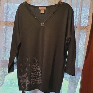 Quacker Factory Forest Green Embellished Long Sleeve Top